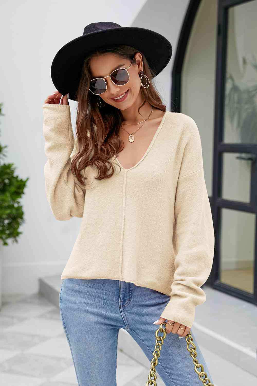 V-Neck Drop Shoulder Long Sleeve Knit Top - Trendsi - Flyclothing LLC