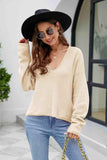 V-Neck Drop Shoulder Long Sleeve Knit Top - Trendsi - Flyclothing LLC