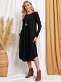 Pocketed Round Neck Long Sleeve Tee Dress - Trendsi - Flyclothing LLC