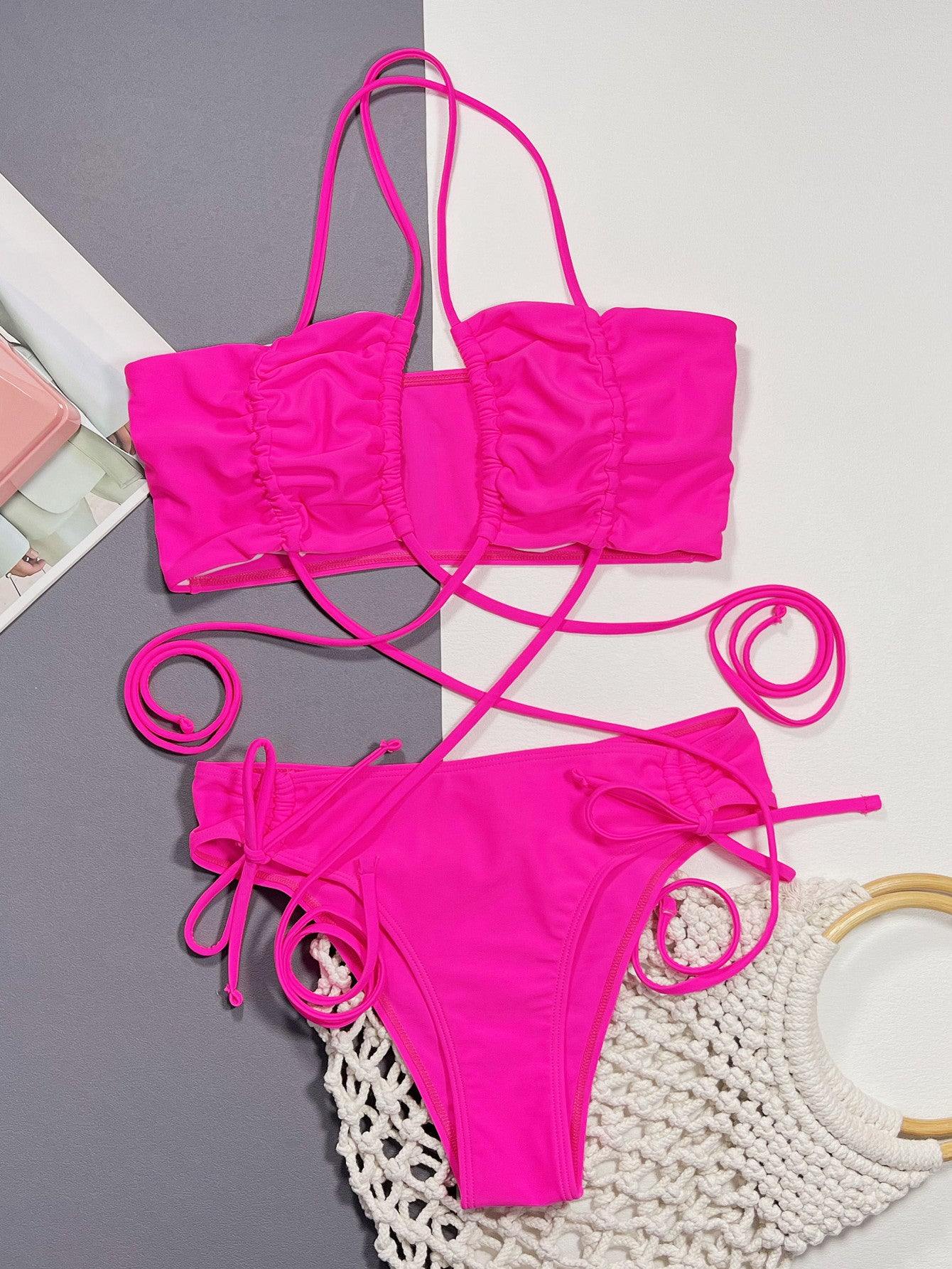Halter Neck Drawstring Detail Bikini Set - Trendsi