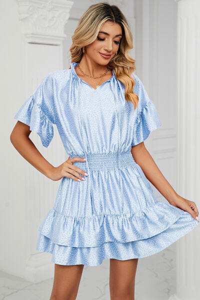 Smocked Tie Neck Flounce Sleeve Dress - Trendsi - Flyclothing LLC