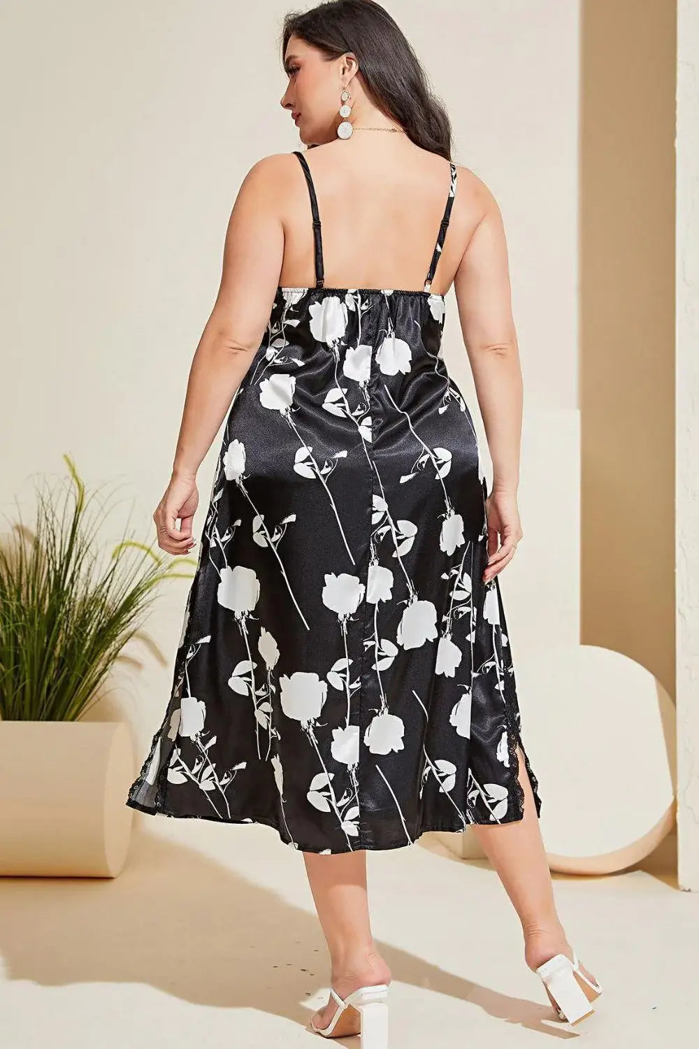 Plus Size Floral Lace Trim Side Slit Night Dress - Trendsi - Flyclothing LLC