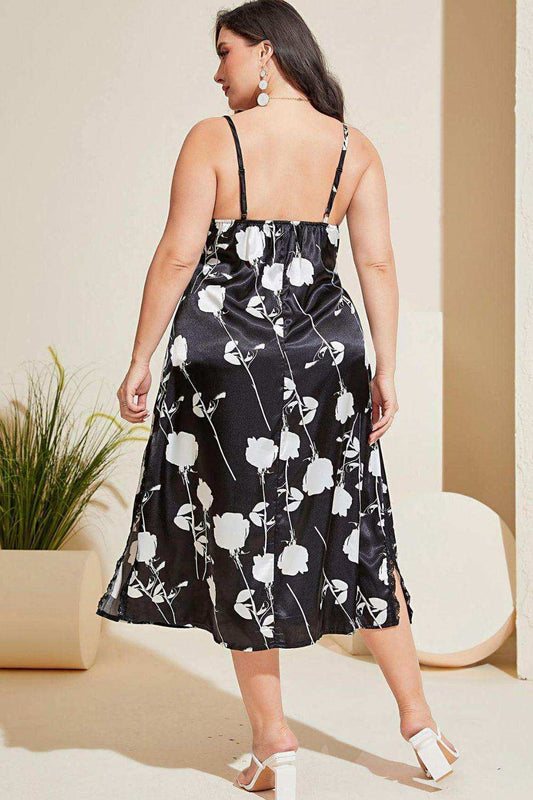 Plus Size Floral Lace Trim Side Slit Night Dress - Trendsi - Flyclothing LLC