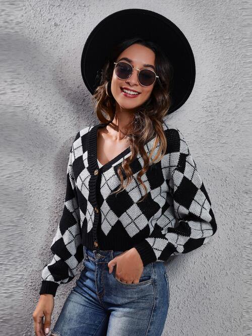 Geometric Button Up Long Sleeve Cardigan - Trendsi