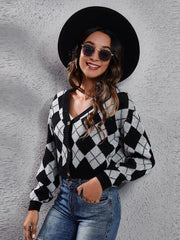 Geometric Button Up Long Sleeve Cardigan - Trendsi