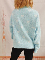 Heart Heathered Turtleneck Drop Shoulder Sweater - Trendsi