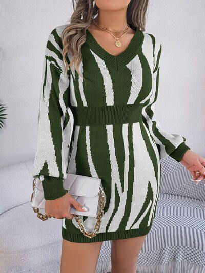 Animal Print V-Neck Long Sleeve Sweater Dress - Trendsi