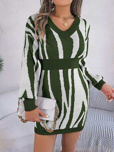 Animal Print V-Neck Long Sleeve Sweater Dress - Trendsi - Flyclothing LLC