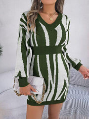 Animal Print V-Neck Long Sleeve Sweater Dress - Trendsi