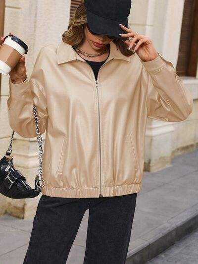 Pocketed Zip Up Collared Neck Jacket - Trendsi - Flyclothing LLC