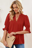 Smocked Flounce Sleeve Notched Neck Blouse - Trendsi - Flyclothing LLC