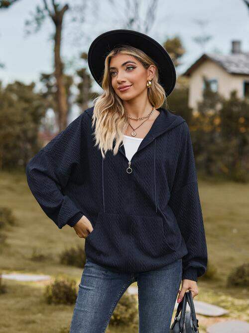 Zip Up Drawstring Long Sleeve Hooded Jacket - Trendsi - Flyclothing LLC