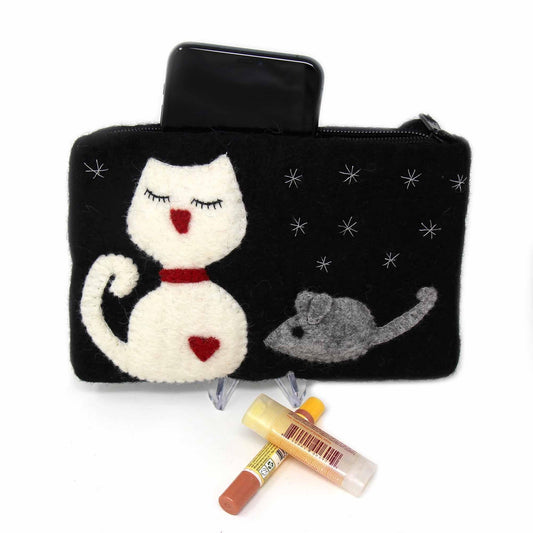 Hand Crafted Felt: White Cat Pouch - Global Groove Direct
