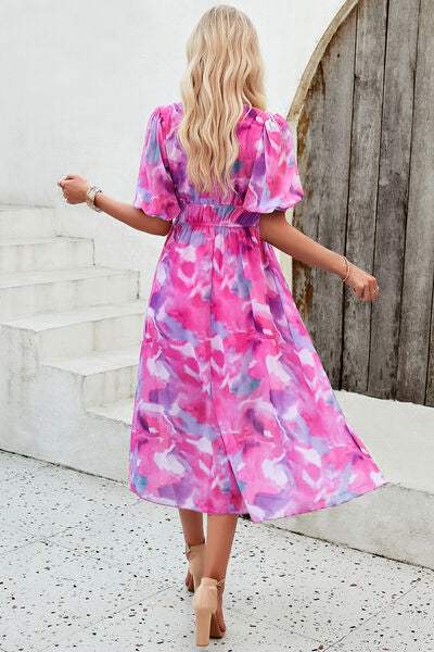 Smocked Printed V-Neck Short Sleeve Dress - Trendsi - Flyclothing LLC
