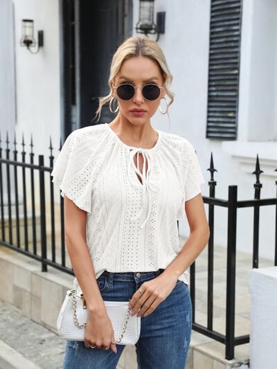 Eyelet Tie Neck Flutter Sleeve Blouse - Trendsi