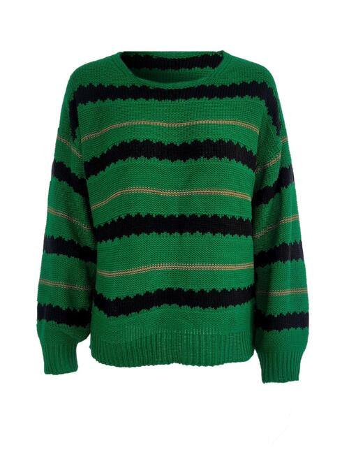 Striped Round Neck Long Sleeve Sweater - Flyclothing LLC