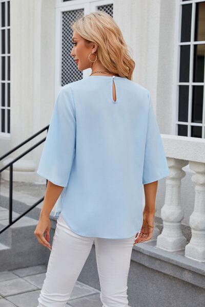Round Neck Slit Half Sleeve Top - Trendsi