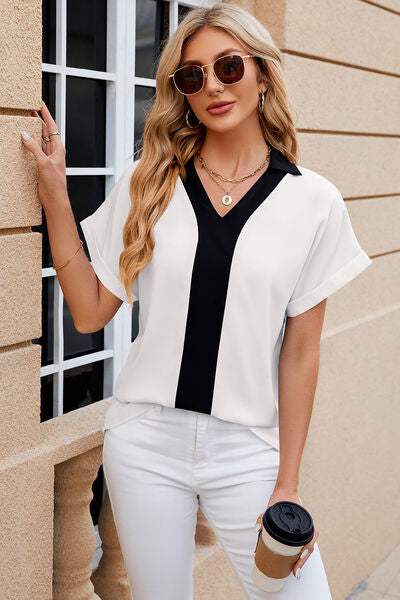 Contrast Johnny Collar Short Sleeve Blouse - Trendsi - Flyclothing LLC