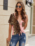 Leopard Deep V Short Sleeve Top - Trendsi - Flyclothing LLC