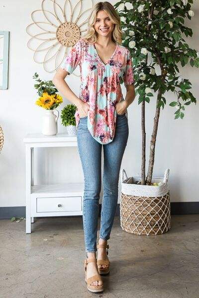Heimish Full Size Floral V-Neck Short Sleeve Babydoll Blouse - Trendsi - Flyclothing LLC