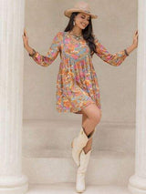 Printed V-Neck Balloon Sleeve Mini Dress - Trendsi - Flyclothing LLC