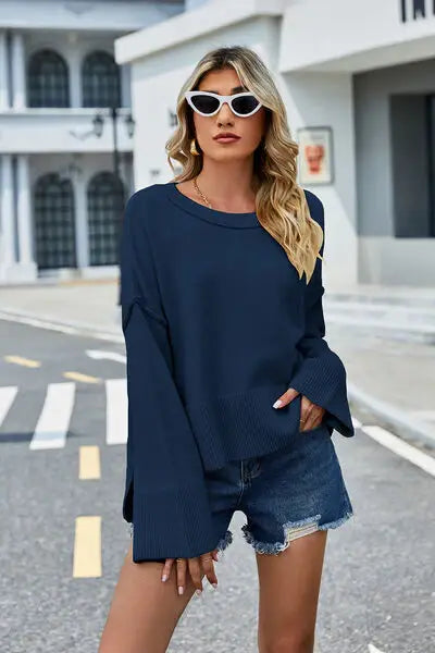 High-Low Slit Round Neck Long Sleeve Sweater - Trendsi - Flyclothing LLC