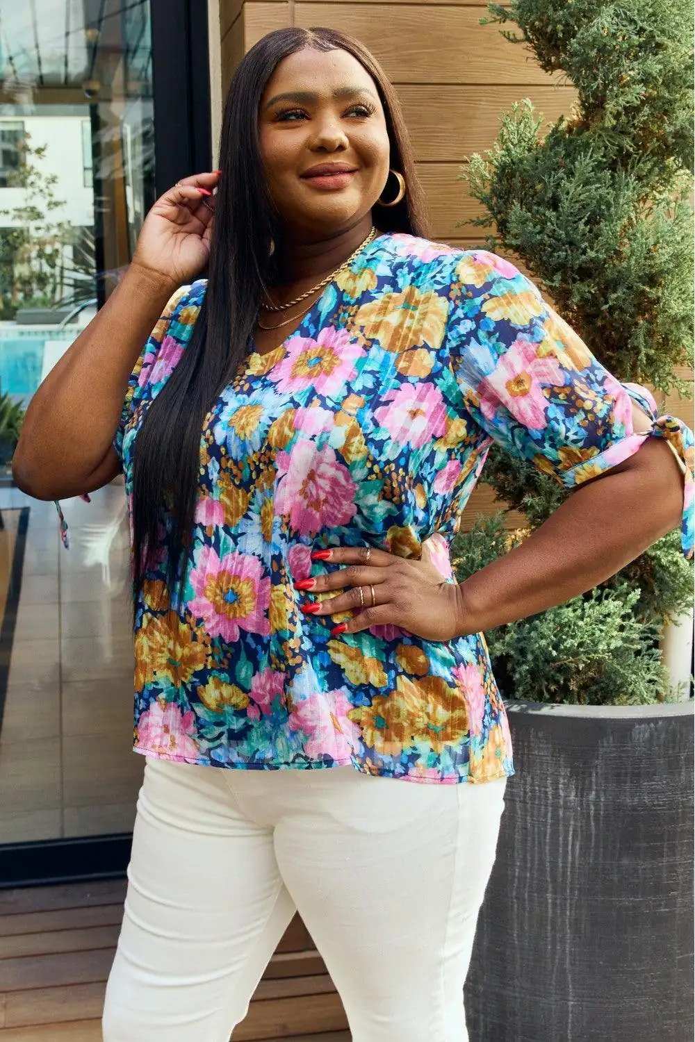 Petal Dew Full Size Floral V-Neck Tie Detail Blouse - Trendsi - Flyclothing LLC