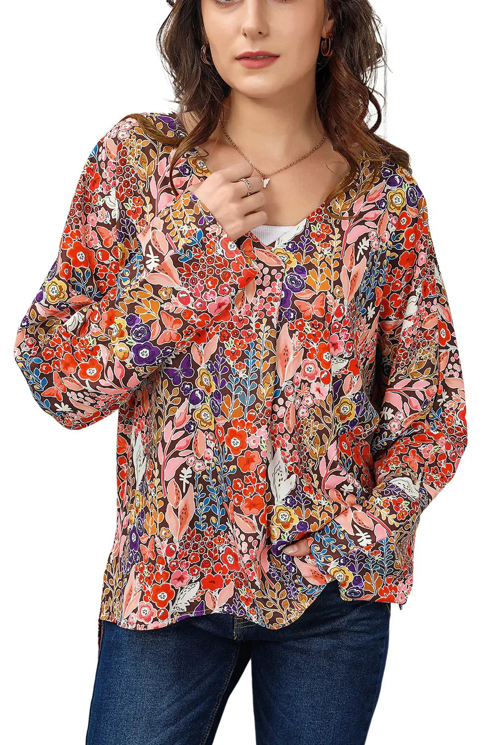 Floral V-Neck Long Sleeve Blouse - Trendsi - Flyclothing LLC