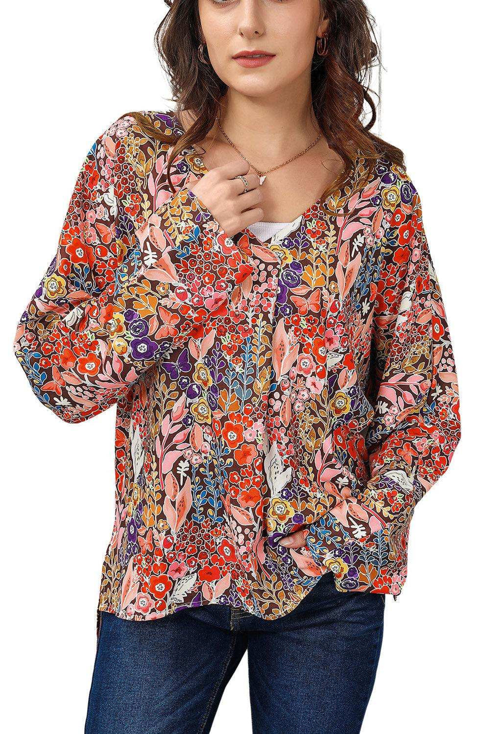 Floral V-Neck Long Sleeve Blouse - Trendsi - Flyclothing LLC