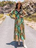 Printed V-Neck Long Sleeve Dress - Trendsi