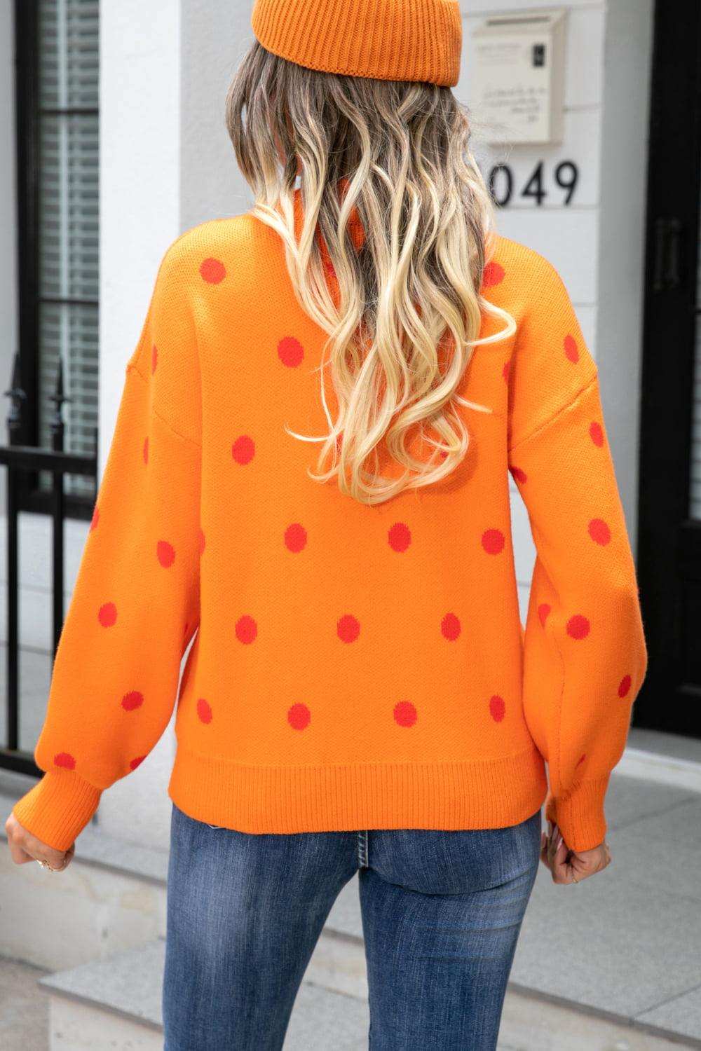 Polka Dot Round Neck Dropped Shoulder Sweater - Trendsi - Flyclothing LLC