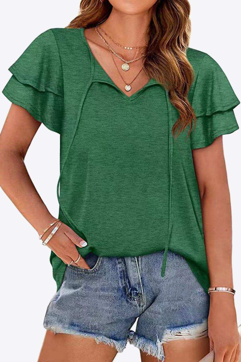 Tie-Neck Layered Flutter Sleeve Blouse - Trendsi - Flyclothing LLC