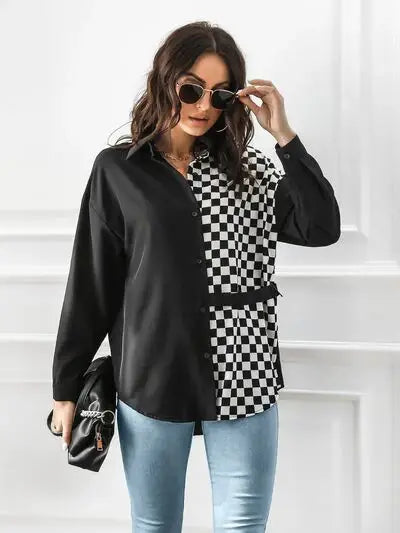 Contrast Button Up Long Sleeve Shirt - Trendsi - Flyclothing LLC