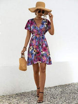 Printed Surplice Tie Waist Mini Dress - Trendsi - Flyclothing LLC