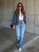 Ribbed Collared Neck Button Up Jacket - Trendsi - Flyclothing LLC