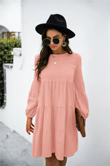 Balloon Sleeve Keyhole Tiered Dress - Trendsi - Flyclothing LLC