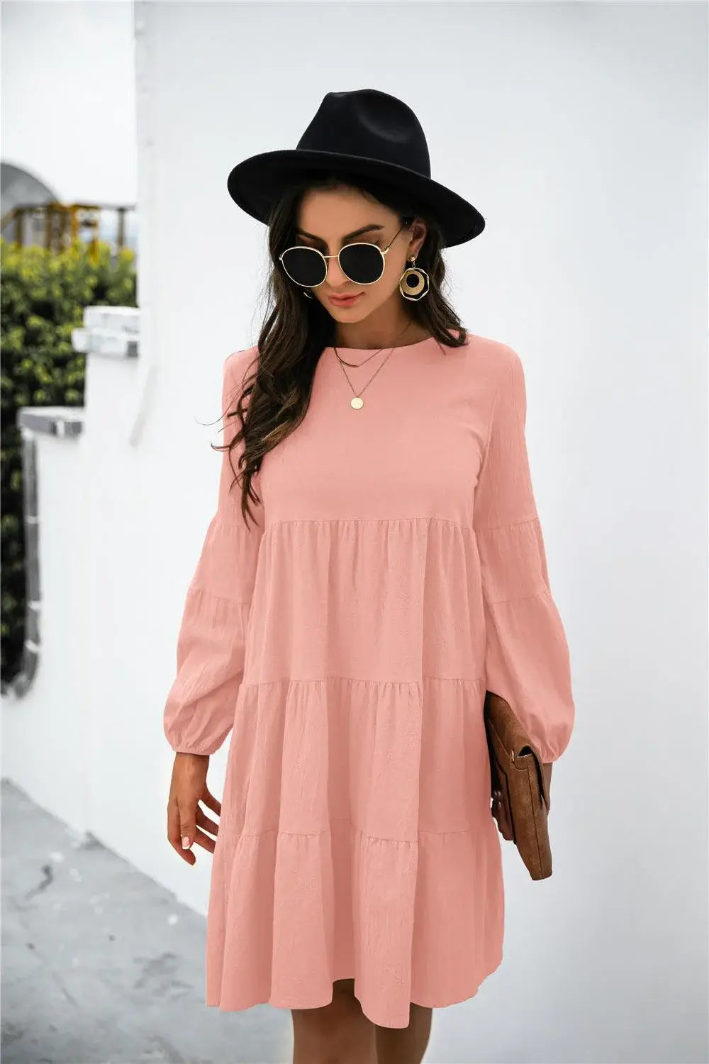 Balloon Sleeve Keyhole Tiered Dress - Trendsi - Flyclothing LLC