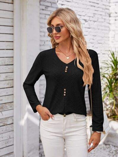Decorative Button Openwork V-Neck T-Shirt - Trendsi - Flyclothing LLC