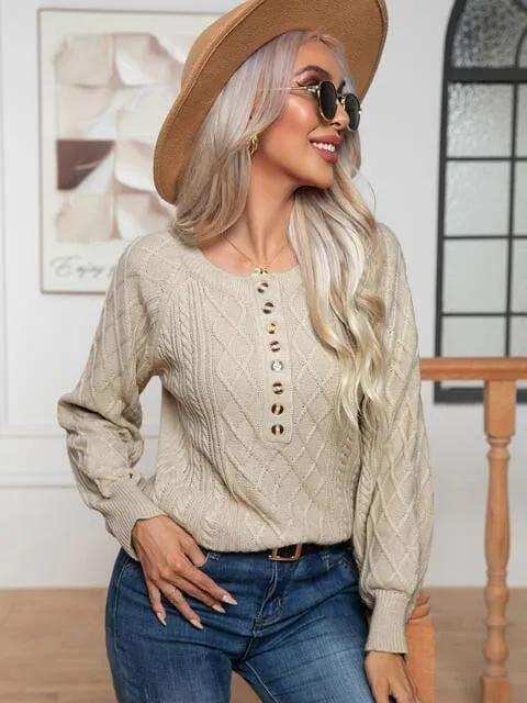 Cable-Knit Round Neck Buttoned Sweater - Trendsi - Flyclothing LLC