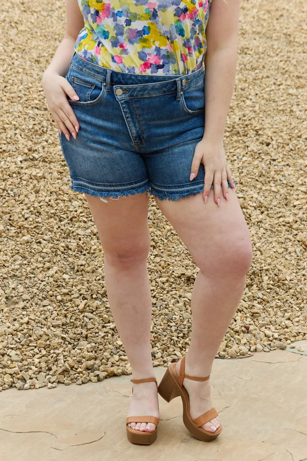 RISEN Maya Full Size Mid Rise Asymetrical Shorts - Trendsi - Flyclothing LLC