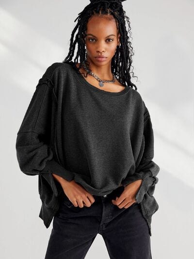 Slit Round Neck Dropped Shoulder T-Shirt - Trendsi