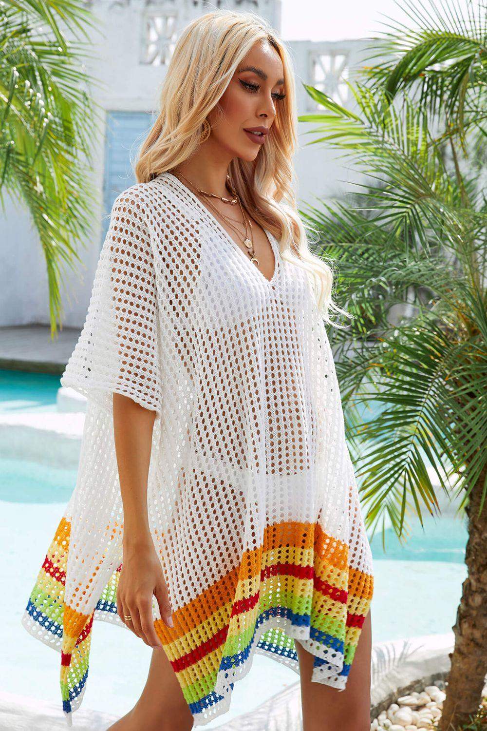 Rainbow Stripe Openwork Slit Cover-Up - Trendsi - Flyclothing LLC