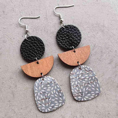 Leather & Wood Drop Earrings - Trendsi