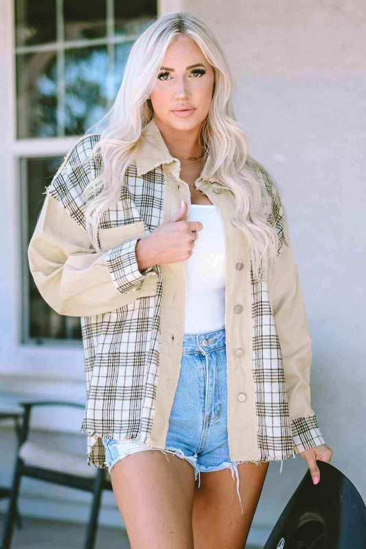 Plaid Raw Hem Button Down Jacket - Trendsi - Flyclothing LLC
