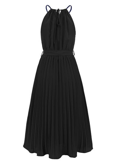 Pleated Spaghetti Strap Tie Waist Midi Dress - Trendsi