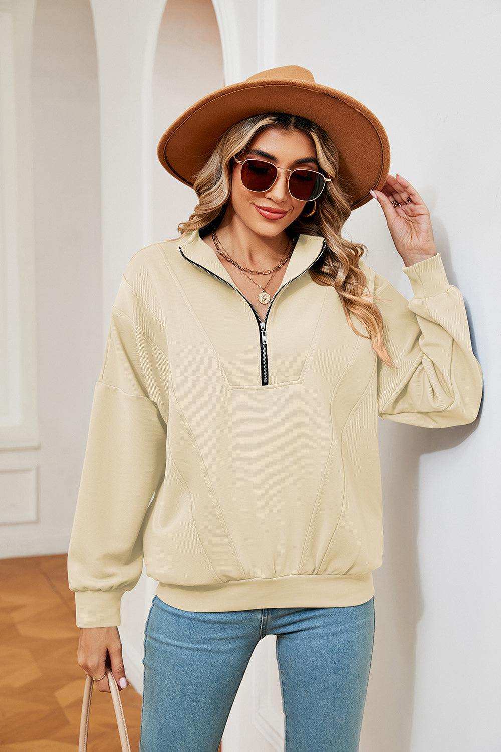 Half-Zip Dropped Shoulder Sweatshirt - Trendsi - Flyclothing LLC