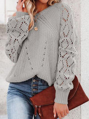 Openwork Round Neck Lantern Sleeve Sweater - Trendsi