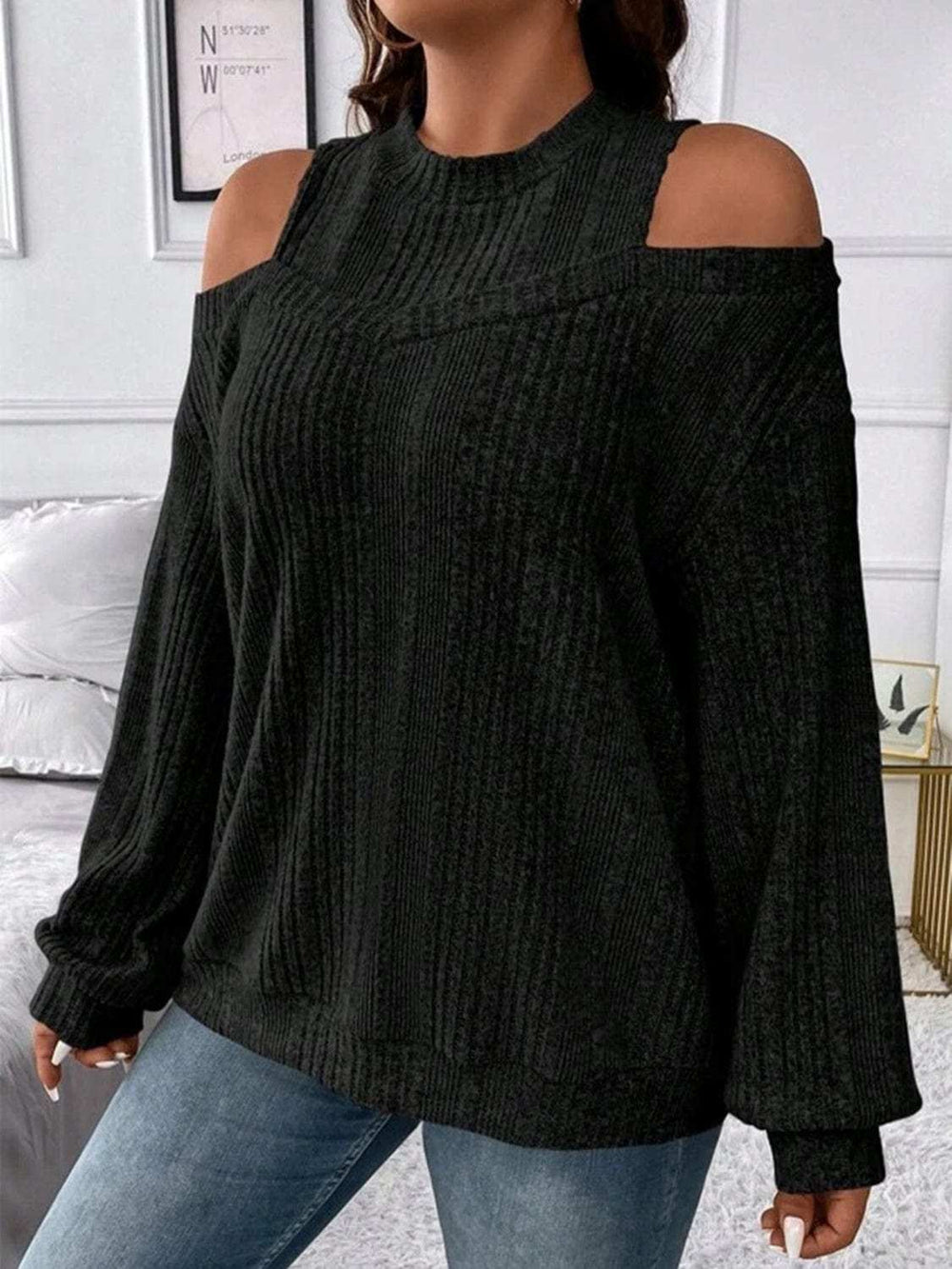 Round Neck Cold Shoulder Sweater - Trendsi - Flyclothing LLC