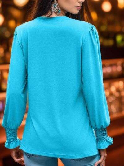 Notched Smocked Flounce Sleeve Blouse - Trendsi - Flyclothing LLC