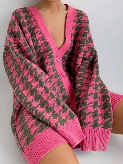 Houndstooth Button Up Long Sleeve Cardigan - Trendsi